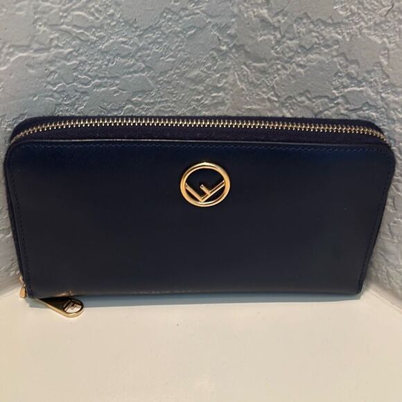 Fendi Zip Around Continental Long Wallet Dark Blue Leather Luxury Minimalist - Picture 2 of 14